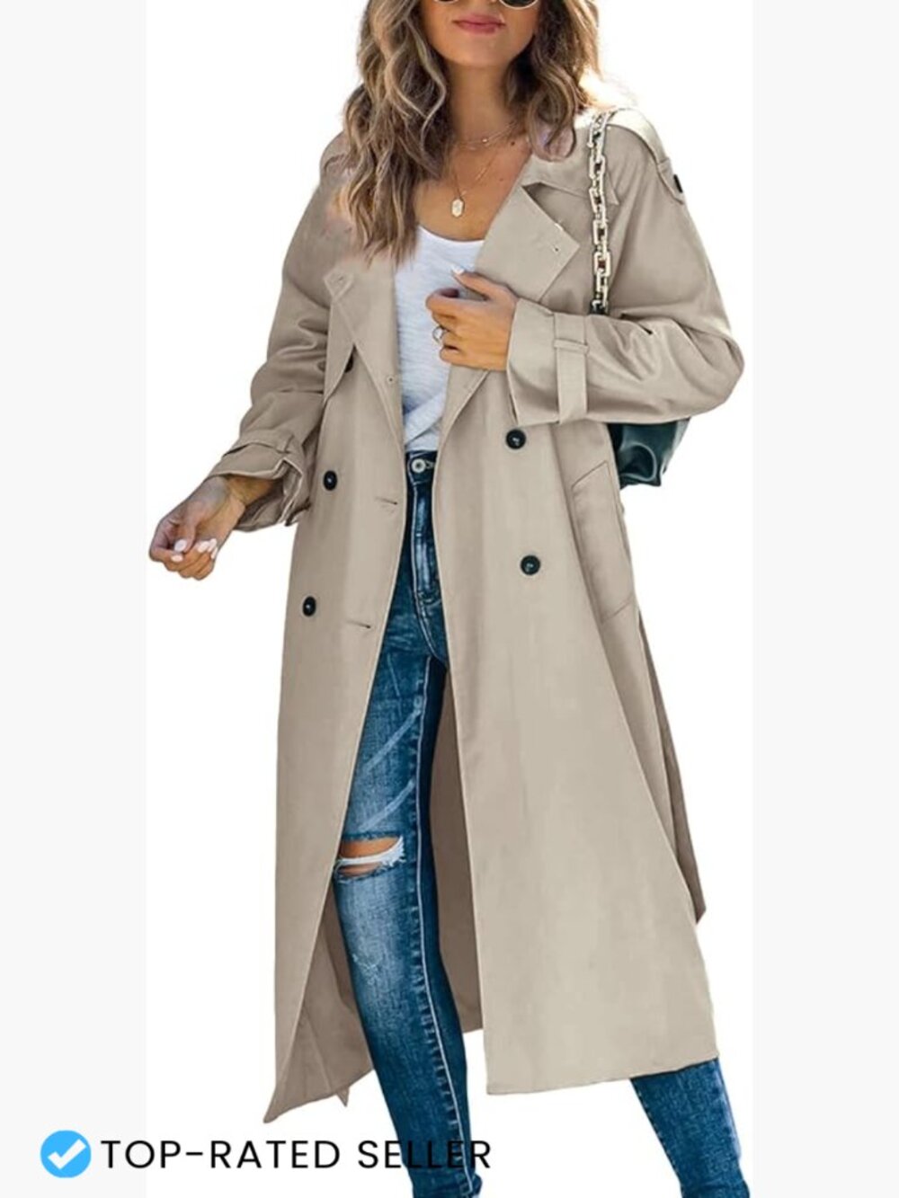 Womens Long Trench Coat Double Breasted Windproof Overcoat With Belt Slim Fit